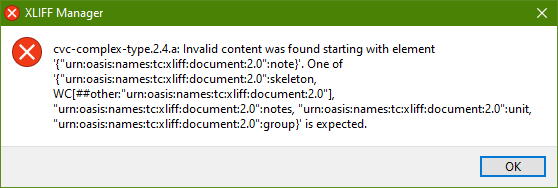Screenshot showing a c plex error message generated from validating the XLIFF file in a separate application.