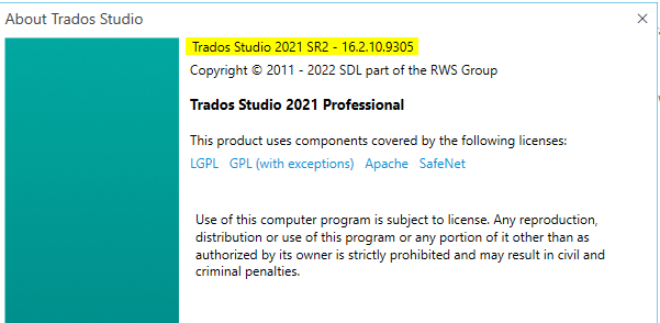 About Trados Studio dialog box showing Trados Studio 2021 SR2 - 16.2.10.9305 version information and copyright notice.
