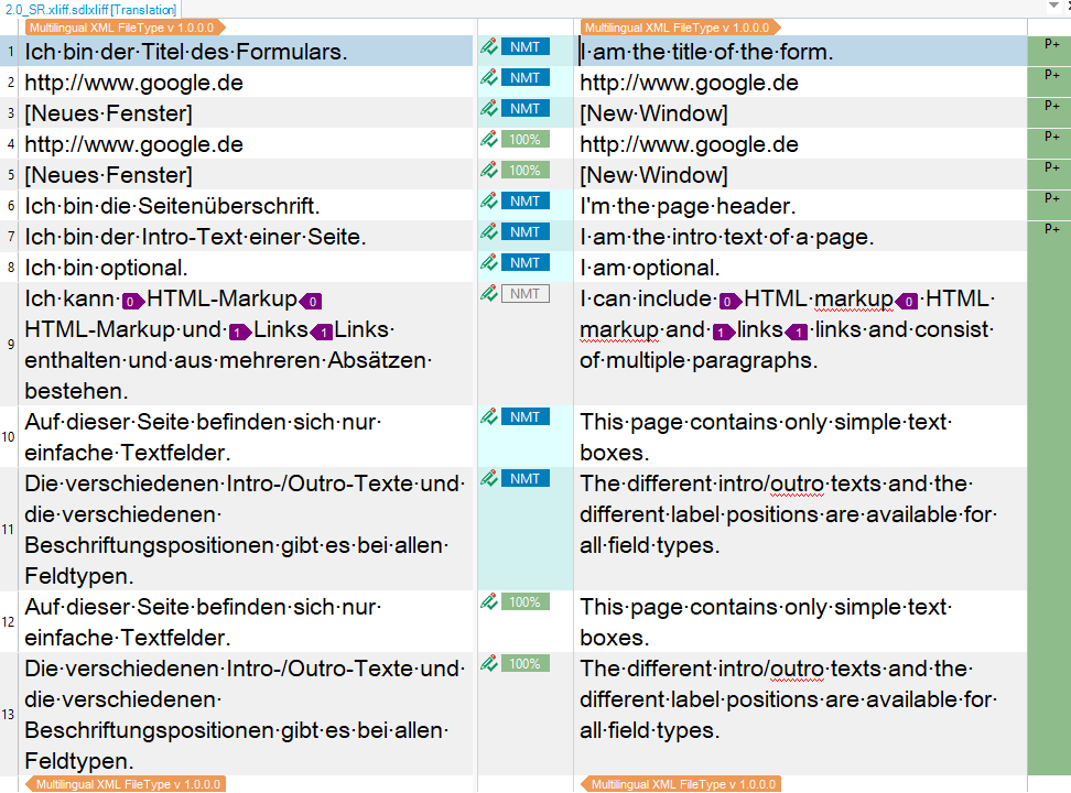 Screenshot of Trados Studio software showing a side-by-side comparison of source and target text segments with Multilingual XML FileType version 1.0.0.0. No visible errors or warnings.