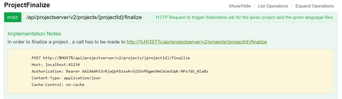Screenshot of Trados Studio's ProjectFinalize API documentation showing the HTTP POST request to finalize a project with implementation notes.