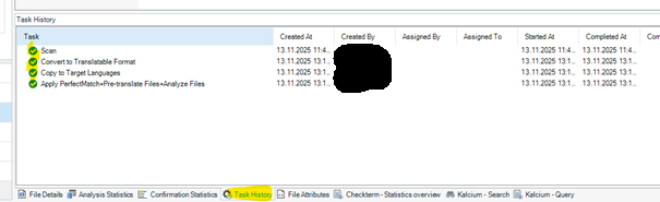 Screenshot of Trados Task History showing tasks like 'Scan', 'Convert to Translatable Format', and 'Copy to Target Languages' with timestamps.