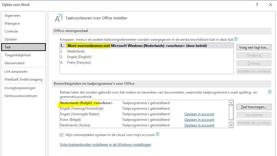 Screenshot of Trados Studio showing language preferences in Word with Dutch (Netherlands) set as the default language by policy and Dutch (Belgium) selected as the preferred editing language.