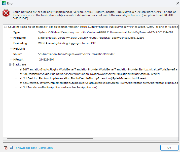 Error dialog box from Trados Studio showing 'Could not load file or assembly SimpleInjector, Version=4.9.0.0' with details of the error including file name, fusion log, help link, source, HResult, and stack trace.