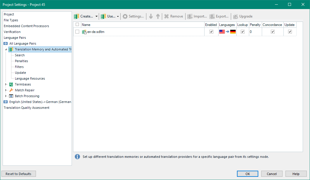 Screenshot of Trados Studio Project Settings showing Translation Memory and Automated Translation settings for English (United States) to German (German) language pair with 'en-de.sdltm' file enabled and update option checked.