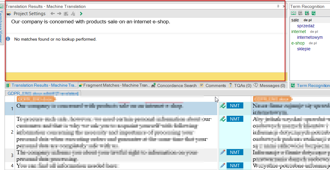 Trados Studio Editor view displaying 'Translation Results - Machine Translation' pane with a message 'No matches found or no lookup performed.' and blurred text in the background.