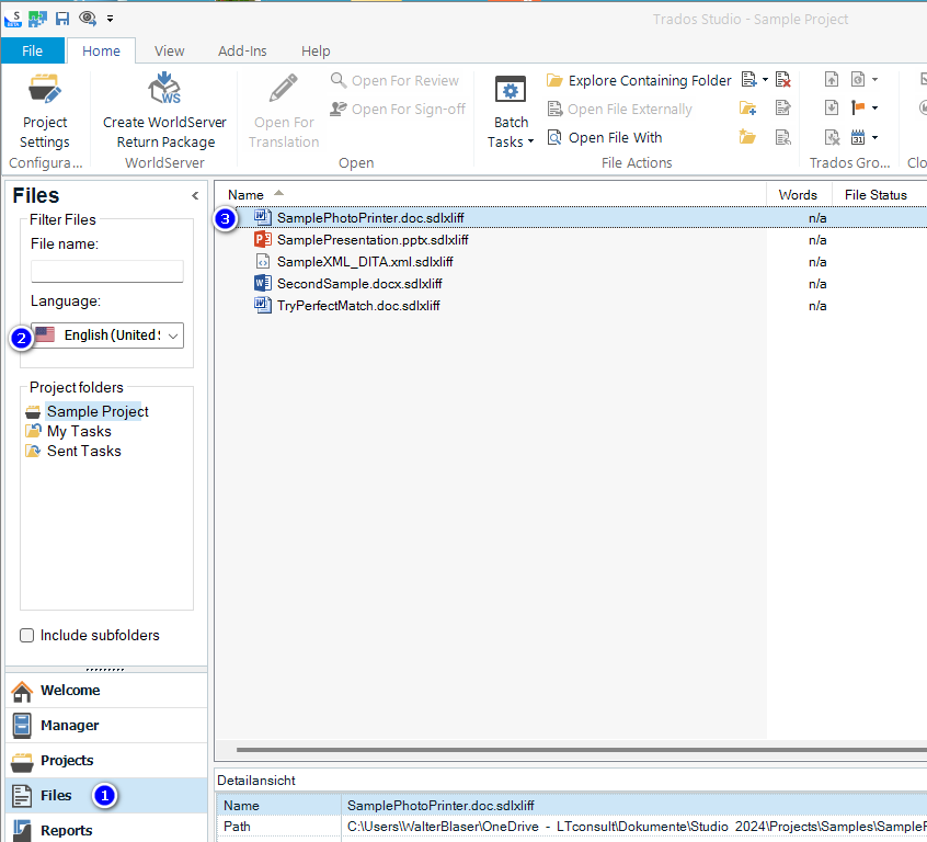 Screenshot of Trados Studio interface showing the 'Files' view with a list of files such as 'SamplePhotoPrinter.doc.sdlxliff' and 'SamplePresentation.pptx.sdlxliff'. The language is set to English (United States).