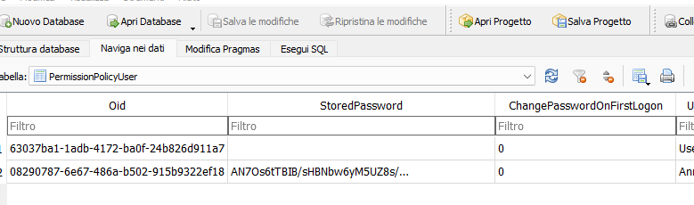 Screenshot of Trados Studio showing a database table with columns labeled Oid, StoredPassword, and ChangePasswordOnFirstLogon. Two rows are visible with alphanumeric values in the StoredPassword column and a value of 0 in the ChangePasswordOnFirstLogon column.