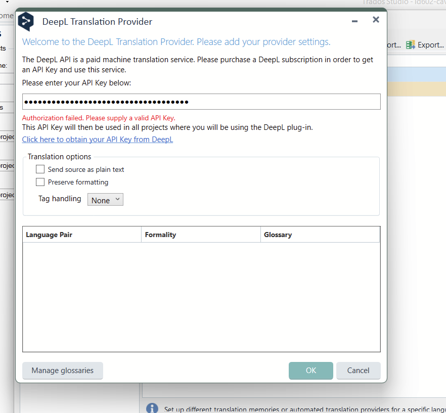 DeepL Translation Provider settings window with an error message: 'Authorization failed. Please supply a valid API Key.'