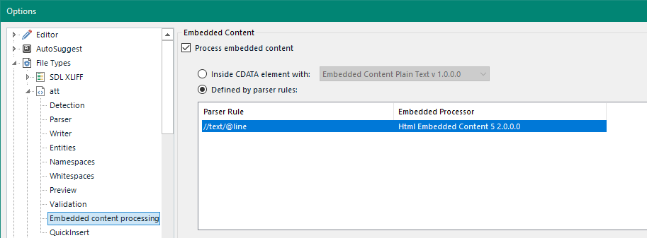 Trados Studio embedded content settings with parser rule for 'text' element and HTML embedded content processor selected.