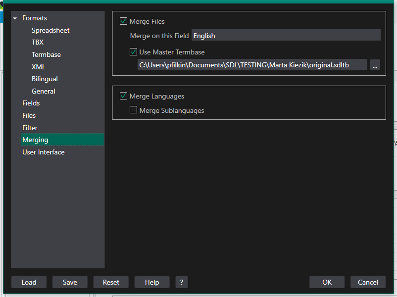 Screenshot of Trados Studio Glossary Converter merge settings with options to merge files and languages selected.