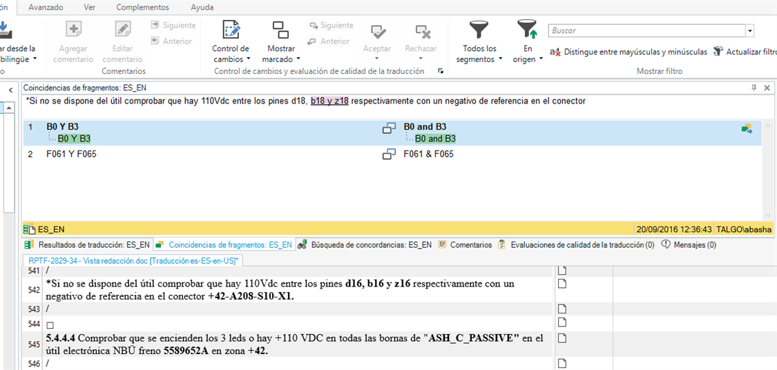 Screenshot of Trados Studio showing translation segment errors with mismatched strings 'd18, b18 y z18' and 'd16, b16 y z16'.