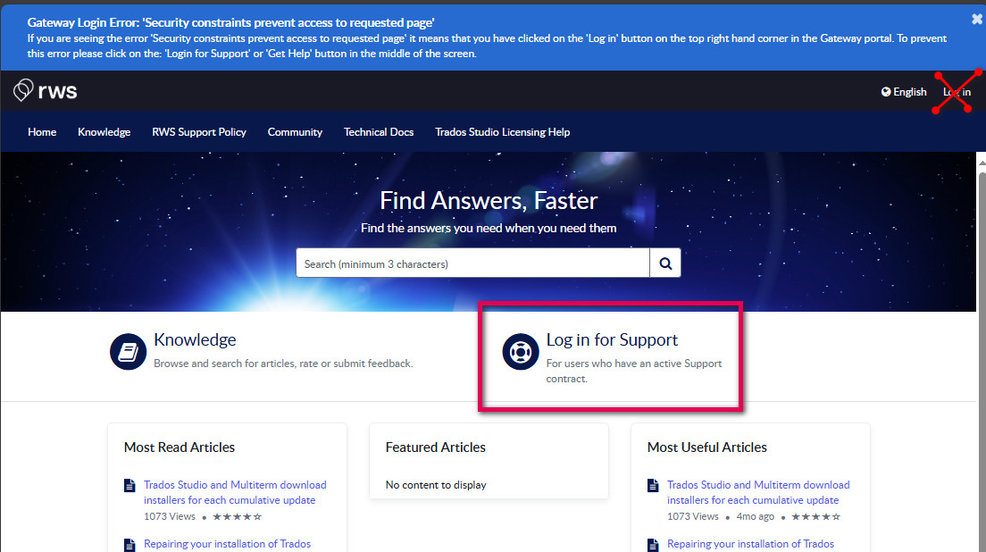 Screenshot of the RWS support portal showing a blue banner with the error message 'Gateway Login Error: Security constraints prevent access to requested page' and instructions to use the 'Log in for Support' button in the middle of the screen. The 'Log in for Support' button is highlighted, and the 'Log In' link in the top-right corner is marked with a red X.