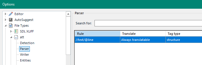 Trados Studio options menu showing XML parser rule for 'text' element with 'line' attribute set to always translatable.