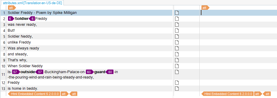 Trados Studio translation view with segments #2 and #11 highlighted, indicating processing by HTML embedded content processor.