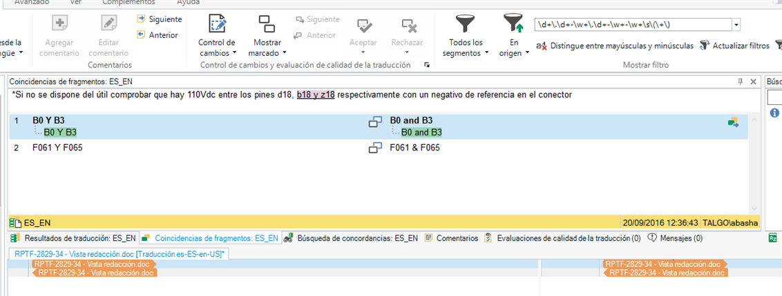 Screenshot of Trados Studio with a search bar containing a regular expression and translation segments below.