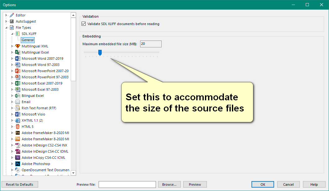 Trados Studio options menu with a highlighted setting for 'Maximum embedded file size (MB): 20' and a note saying 'Set this to accommodate the size of the source files'.