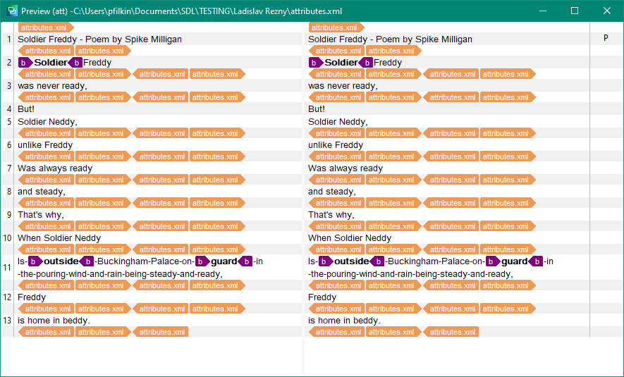 Preview of XML file in Trados Studio with embedded HTML tags in attributes, showing processed segments #2 and #11.