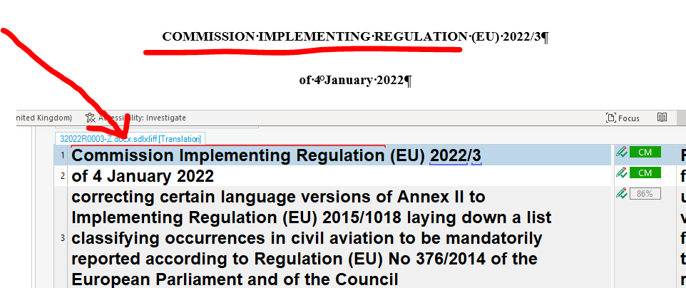 Screenshot showing a document in Trados Studio with the first line 'COMMISSION IMPLEMENTING REGULATION (EU) 20223' incorrectly formatted with only the first letter capitalized, compared to the original document where the entire line is in uppercase.