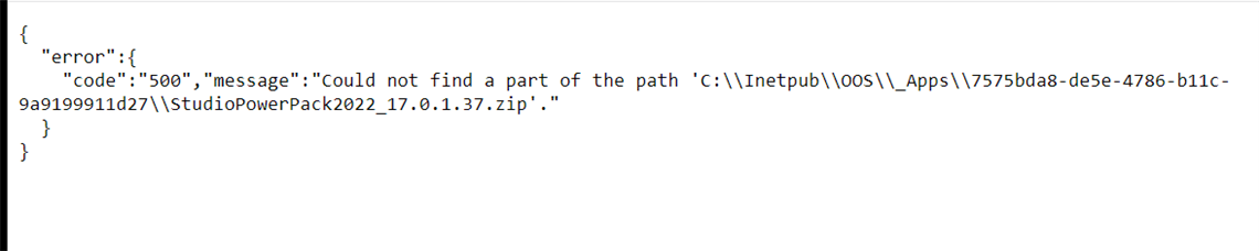 Error message in JSON format stating 'Could not find a part of the path' for the Trados Studio Power Pack zip file.