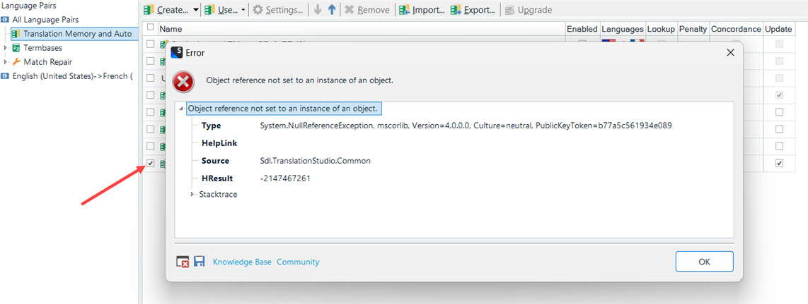 Error dialog in Trados Studio showing 'Object reference not set to an instance of an object' with a red X icon, indicating a null reference exception in the Translation Memory window.