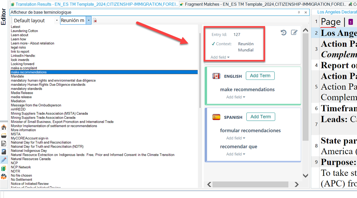 Termbase Viewer in Trados Studio showing 'Context: Reunion Mundial' added to an existing term record after activating the input model.