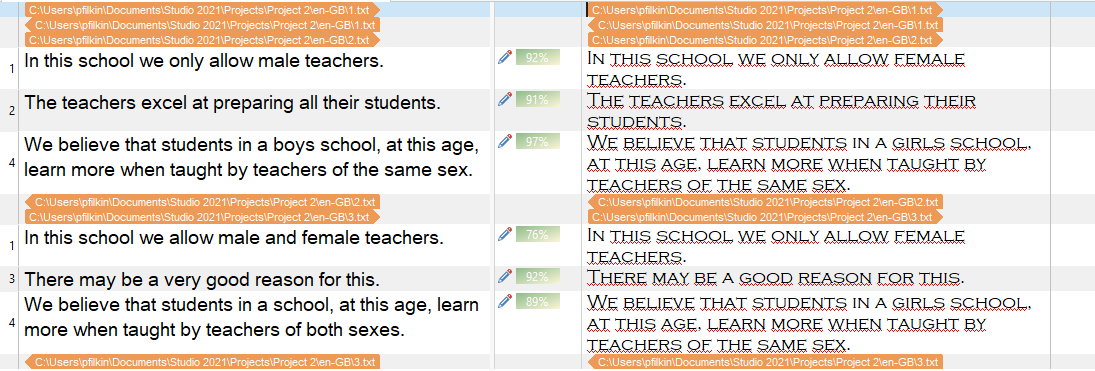 Trados Studio interface showing segments with fuzzy matches highlighted in yellow after applying the filter.
