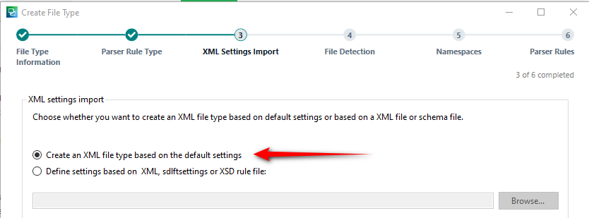 Trados Studio screenshot showing the option to create an XML file type based on default settings selected.