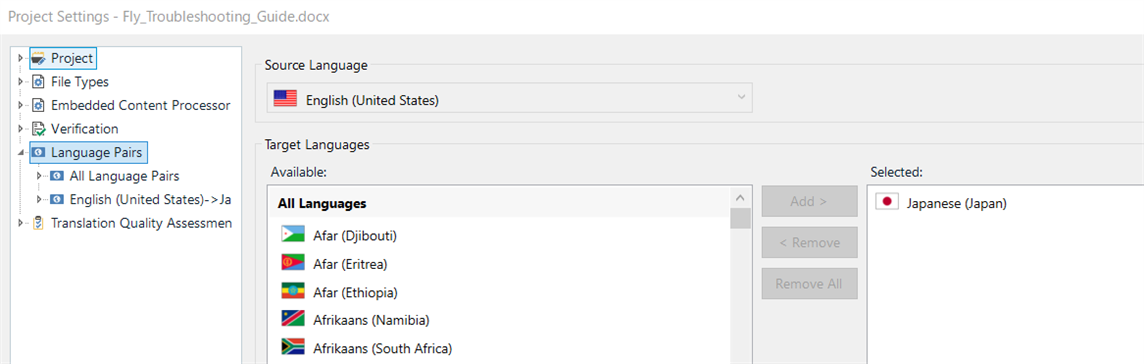 Screenshot of Trados Studio Project Settings showing Language Pairs with Source Language set to English (United States) and Target Language set to Japanese (Japan).