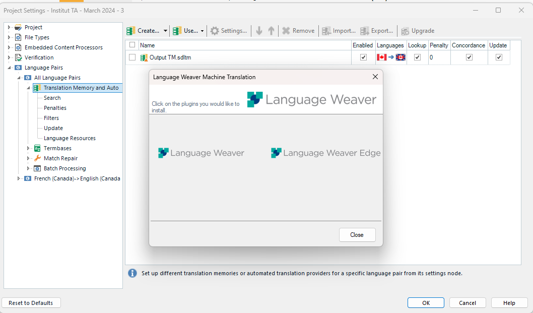 Trados Studio plugin installation window showing Language Weaver and Language Weaver Edge options with no visible errors.