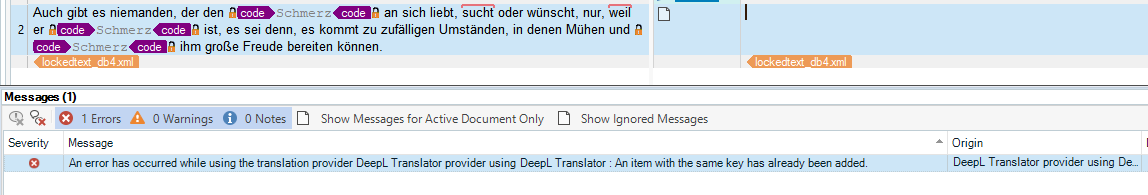 Screenshot of Trados Studio error message: An error has occurred while using the translation provider DeepL Translator: An item with the same key has already been added.