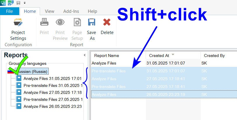 Trados Studio interface showing the Reports section with a list of reports grouped by language. A green checkmark highlights 'Russian (Russia)' and a blue arrow points to selected reports using Shift+click.