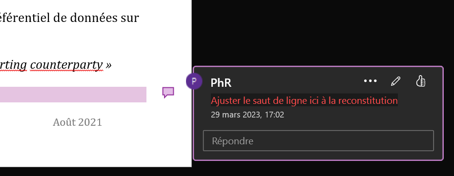 Screenshot of a Word document comment bubble with text 'Ajuster le saut de ligne ici a la reconstitution' from user 'PhR' dated 29 March 2023.