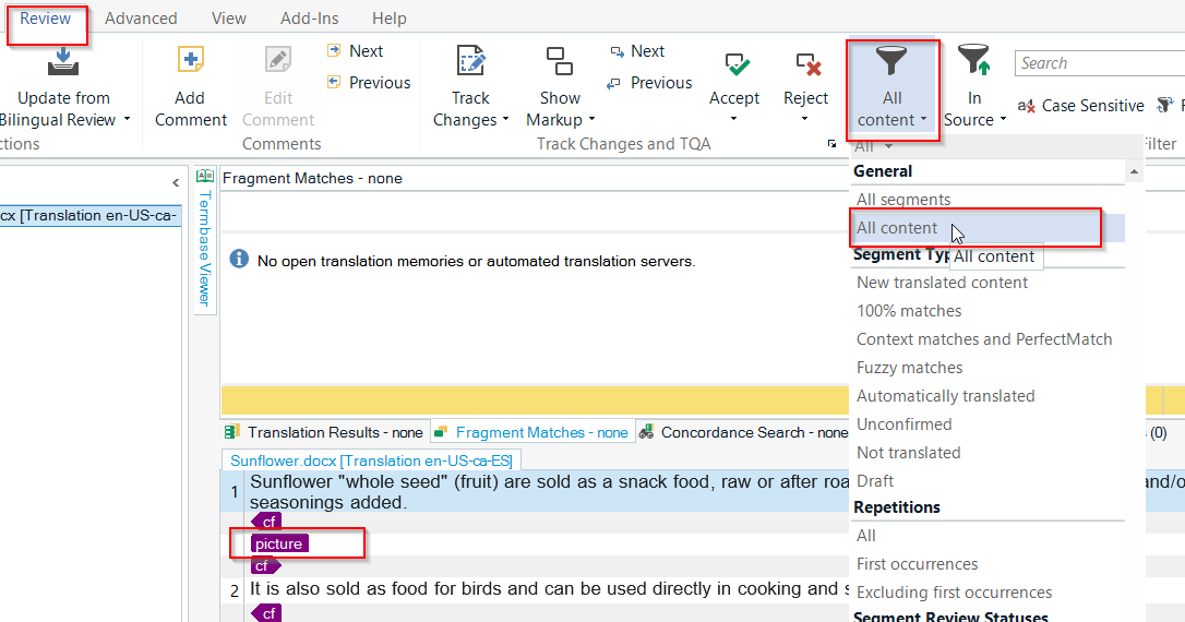 Trados Studio Review tab with the 'All content' filter selected, highlighting how to view tags for hidden elements like pictures.