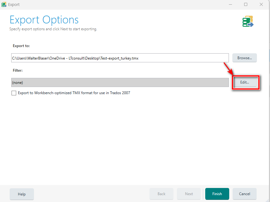 Screenshot of Trados Studio Export Options window with a focus on the 'Edit' button for defining a filter in the export process.
