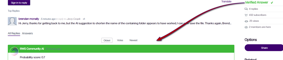 Screenshot of a forum reply by Brendan McNally mentioning an AI suggestion to shorten a folder name, with a green banner labeled 'RWS Community AI' and a probability score of 0.7.