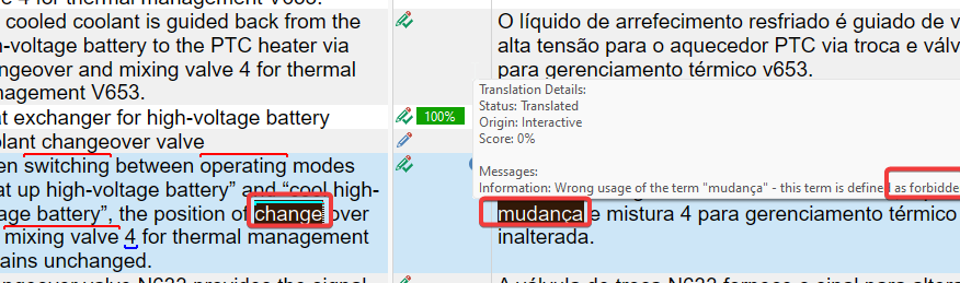 Screenshot of Trados Studio software showing a segment of text with the word 'changeover' highlighted, and a warning message indicating a terminology issue with the term 'mudanca' in the translated text.