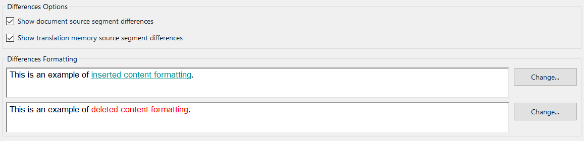 Trados Studio Options window showing 'Differences Options' with checkboxes for 'Show document source segment differences' and 'Show translation memory source segment differences'. Below are examples of inserted and deleted content formatting.