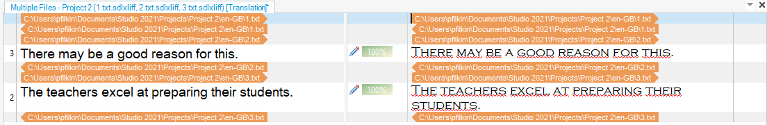 Trados Studio interface showing segments with 100% auto-propagated matches highlighted in red after applying the filter.