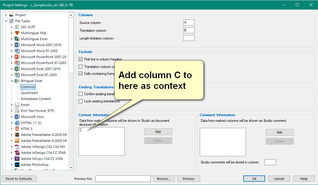 Trados Studio Project Settings window with a tooltip instructing to add column C as context in the Context Information section.