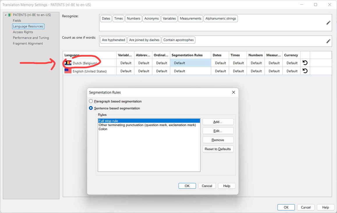 Trados Studio Translation Memory Settings window showing Language Resources tab with Dutch (Belgium) and English (United States) selected. Segmentation Rules dialog box is open with Sentence based segmentation selected and Full stop rule highlighted.