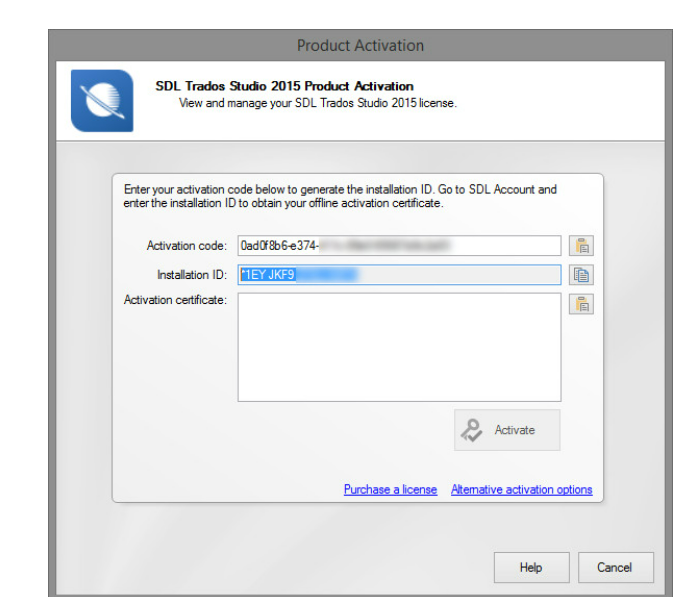 SDL Trados Studio 2015 Product Activation window showing fields for activation code, installation ID, and activation certificate. Installation ID field contains '1EY JKF9' and is highlighted, indicating focus.