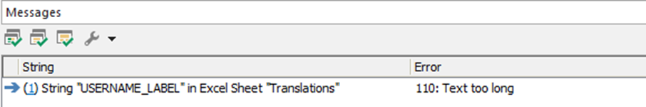 Screenshot of a message panel displaying an error for 'USERNAME_LABEL' in Excel Sheet 'Translations' stating '110: Text too long'.