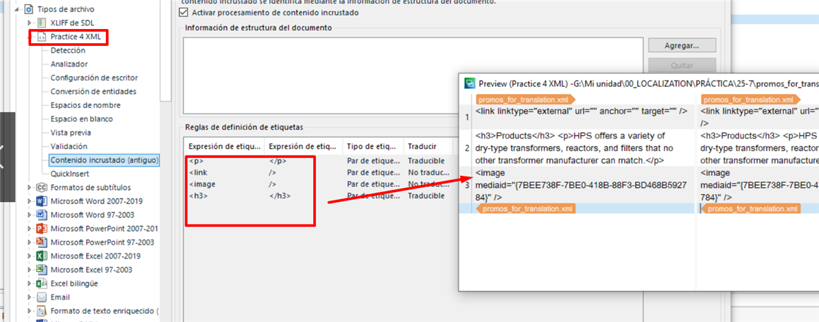 Screenshot of Trados Studio showing the 'Practice 4 XML' file type settings with a red box highlighting the 'Tag definition rules' section where no rules are applied.