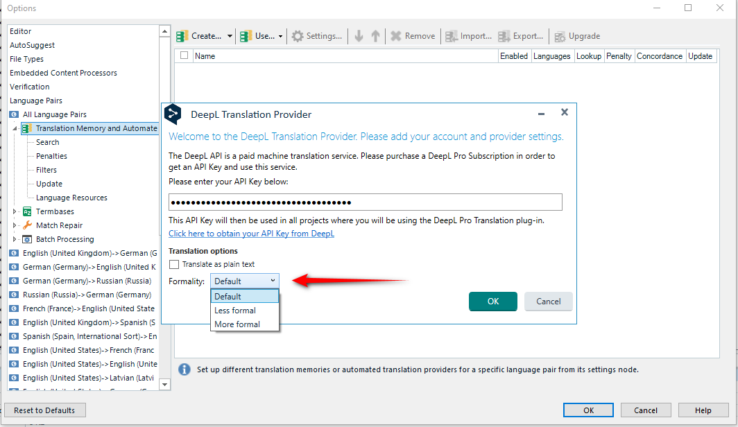 Trados Studio screenshot showing DeepL Translation Provider settings with an API key field and translation options dropdown menu, including Default, Less formal, and More formal.