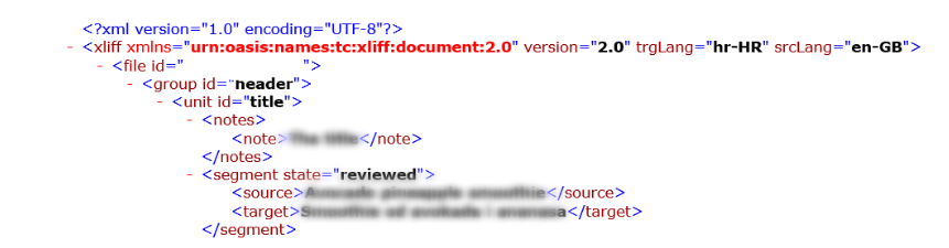 Screenshot of an XML file showing source and target text lines with 'hr-HR' as target language and 'en-GB' as source language.