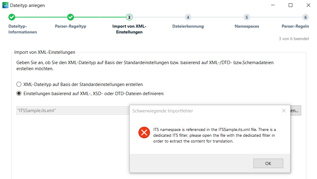 Trados Studio error message stating 'ITS namespace is referenced in the ITSSample.its.xml file. There is a dedicated ITS filter, please open the file with the dedicated filter in order to extract the content for translation.'