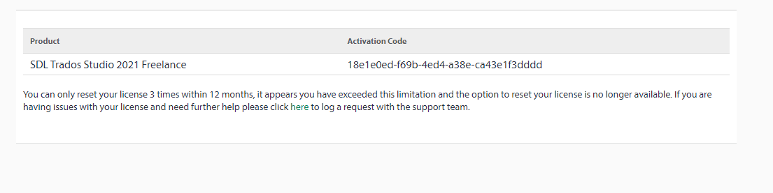 Notification on Trados Studio license management page stating the license for SDL Trados Studio 2021 Freelance can only be reset 3 times within 12 months and the limit has been exceeded.