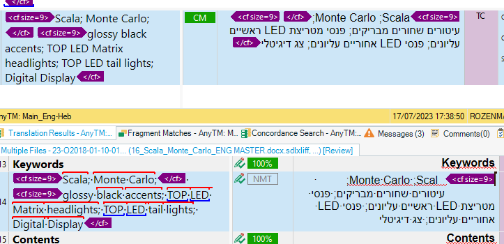 Screenshot of Trados Studio showing TM results pane with correct display of tags and Hebrew text, but editing pane has missing tags and text with cursor misalignment.