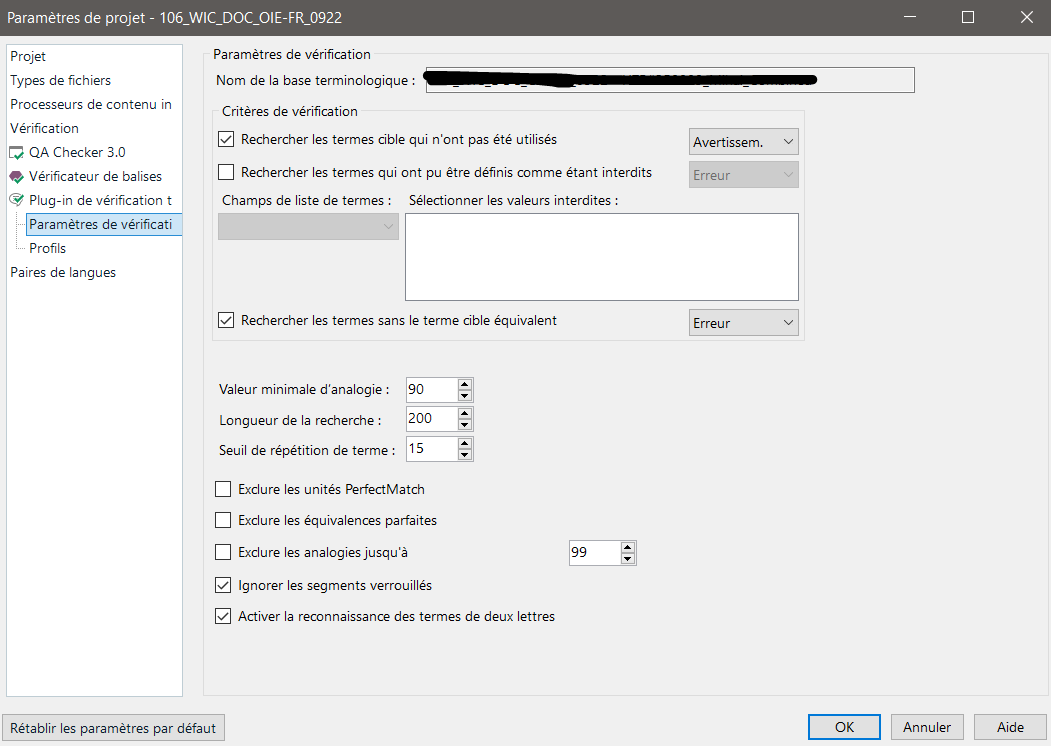 Trados Studio project settings window showing verification parameters, including options for terminology base name, criteria for verification, and error settings.