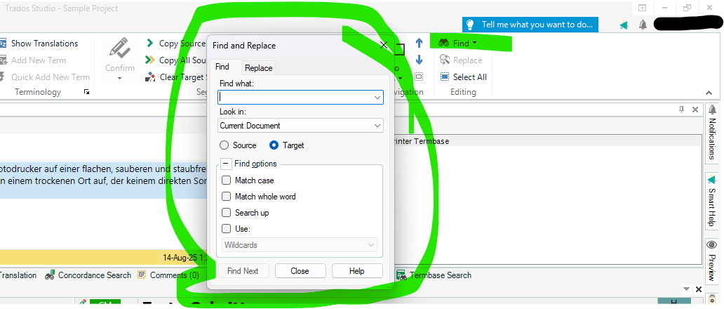 Trados Studio interface showing the 'Find and Replace' window with options for 'Find what,' 'Look in,' and 'Find options' highlighted in green.